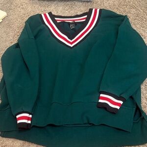Forever 21 Teal Green Sweater with Red, White & Black Stripe Trim